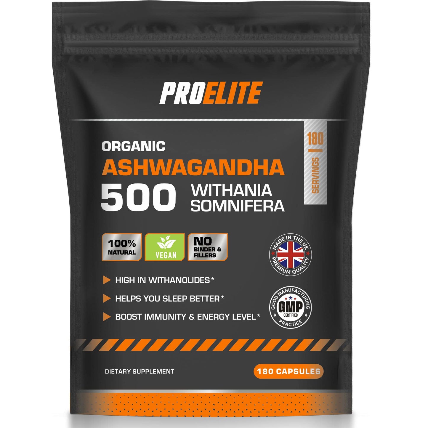 PROELITE Ashwagandha 180 Vegan Capsules Ashwagandha Root Powder Capsule 10% Withanolides 500mg High Strength 10,000mg Extract 20:1 | Stress Relief, Energy, Strength & Endurance by PRO-Elite