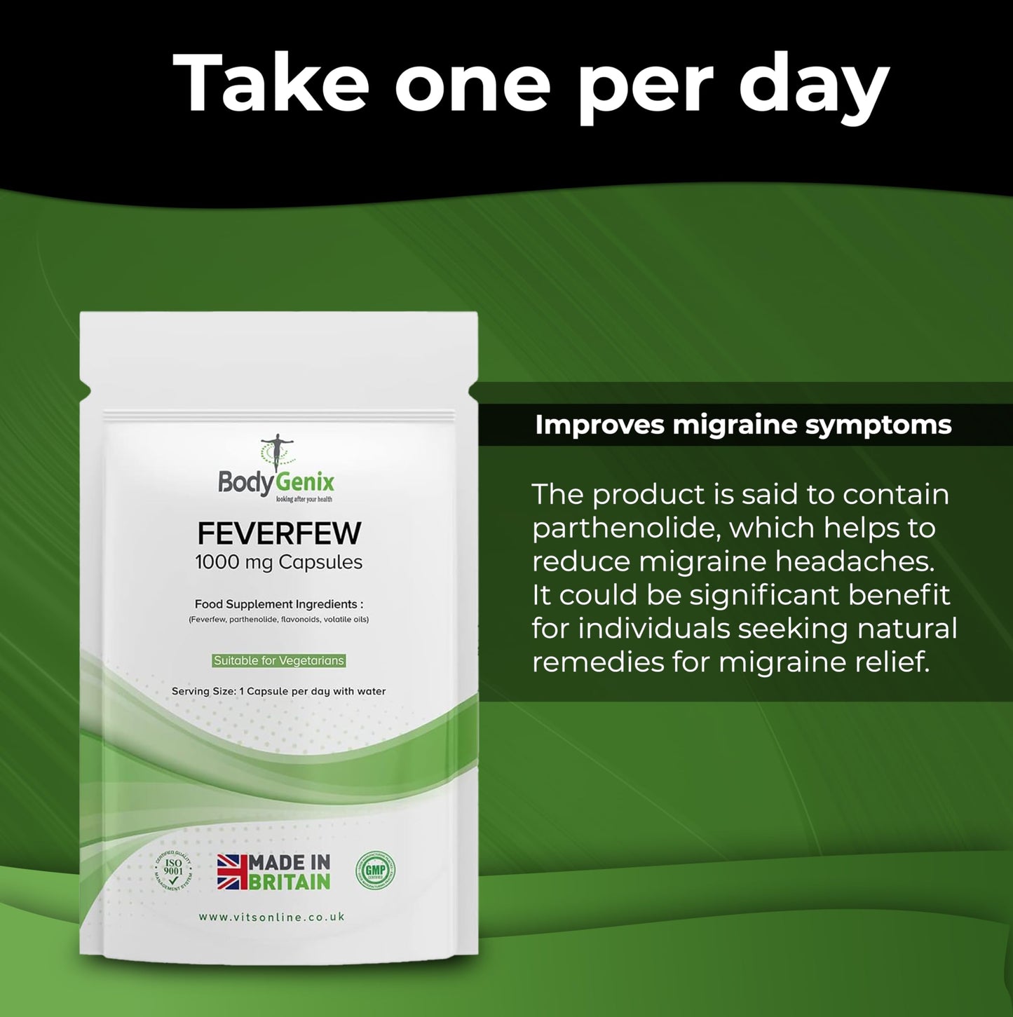 Bodygenix Feverfew 1000mg Vegan Tablets Supplements – with Anti-inflammatory Properties – Support Healthy Joints Health, Supports Mood and Migraine Headache (60)