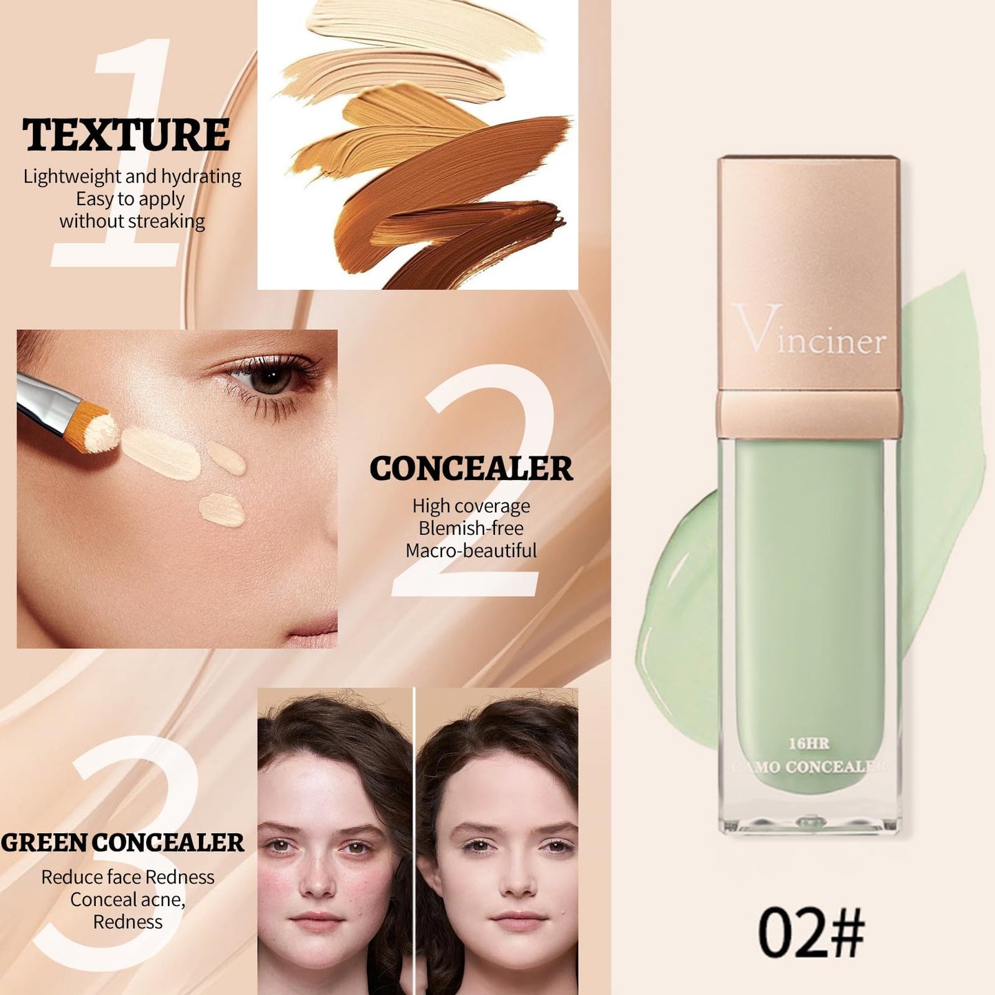 HAORQEE Green Concealer for Redness, Colour Corrector Liquid Concealer, Hydrating Concealer for Dark Circle, Redness, Dullness, Long Lasting Full Coverage Concealer Face Brightener Foundation Liquid Stick