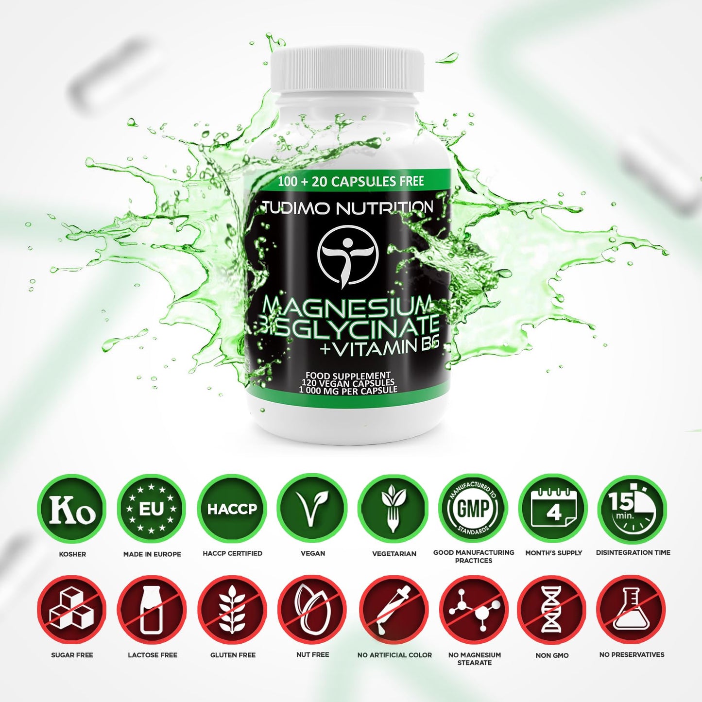 TUDIMO Magnesium Bisglycinate Vegan Capsules and Vitamin B6 – 200mg of Elemental Magnesium with Vit B6 – 120 pcs (4 Month Supply) of Rapidly Disintegrating Caps, 200 mg of Magnesium Mineral + B6 Powder