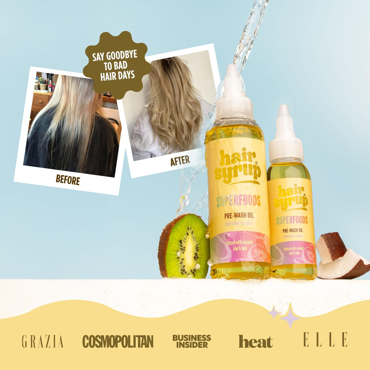 Hair Syrup | Superfoods Pre-Wash Hair Oil | Enriched with Coconut, Kiwi & Line | For Damaged, Dehydrated Hair Needing TLC | 12 Nutrient-Rich Ingredients | 100% Natural | 300ml Pump Bottle Applicator