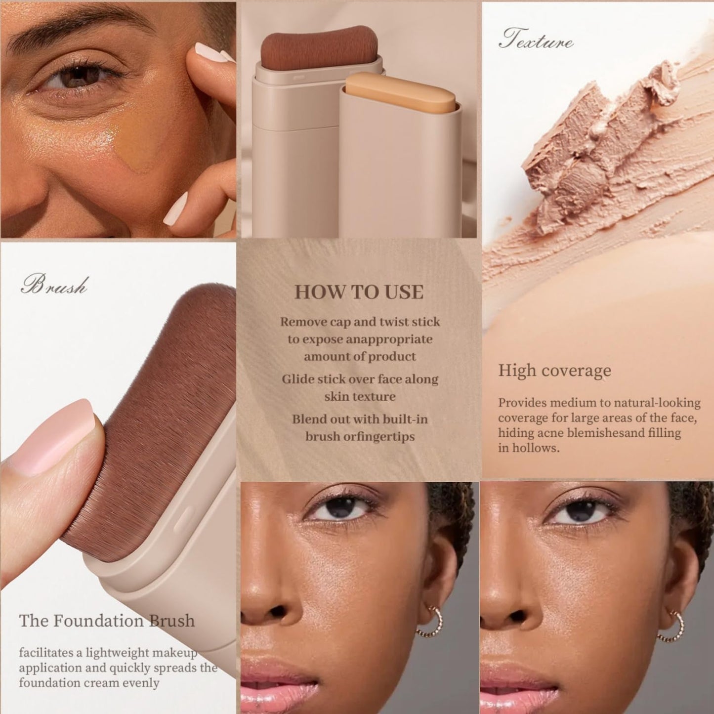 SingHao Makeup Foundation Stick,Cream Foun/dation With Built-In Brush,Make/up Multi-Use Coverage Concealer Sti/ck,Longwear Found/ation Stic/k,Stick Foundation Makeup,Foun/dation Face Sti/ck,Contour St/ick#4