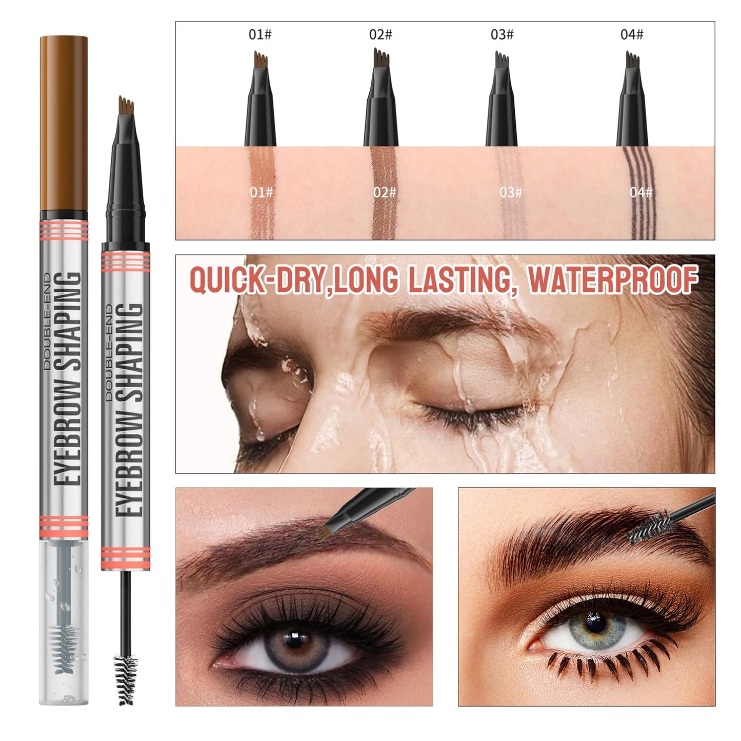 Weixinbuy 2-IN-1 Microblading Eyebrow Pen Long-lasting, Waterproof Eyebrow Pencil Dual-Ended with 4-Fork-Tip & Brow Brush & Clear Brow Gel, Fluffy & Defined Brows for Natural-Looking (1# Grey)