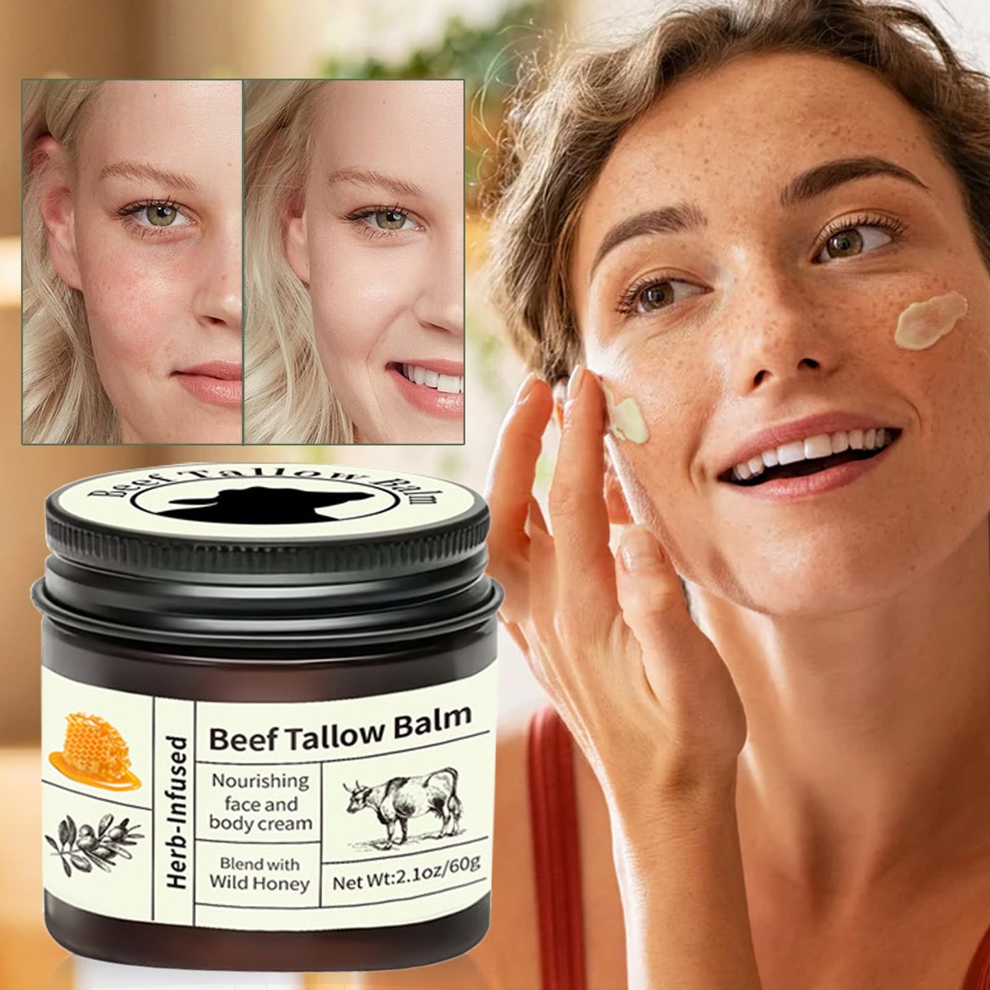 Wormeer Grass-Fed Beef Tallow Honey Balm for Skin - Nourishing Face & Body Cream for Dry Skin - Moisturizing Skincare with Mild Ingredients (Color, A)