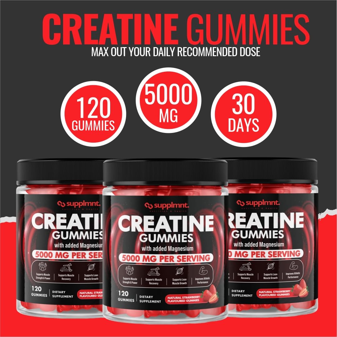 Creatine 120 Gummies Max 5000mg for Men and Women Creatine Monohydrate with Added Magnesium - Chewable Gummies, Strawberry Flavour (1 Month Supply)
