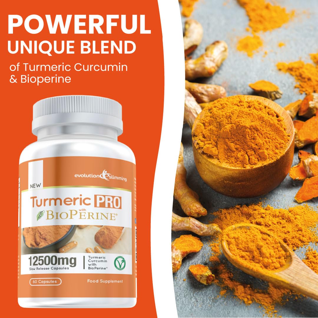 Evolution Slimming Turmeric Pro with BioPerine® 12,500mg 95% Curcuminoids, Suitable for Vegetarians, 60 Capsules - Advanced Tumeric Capsules