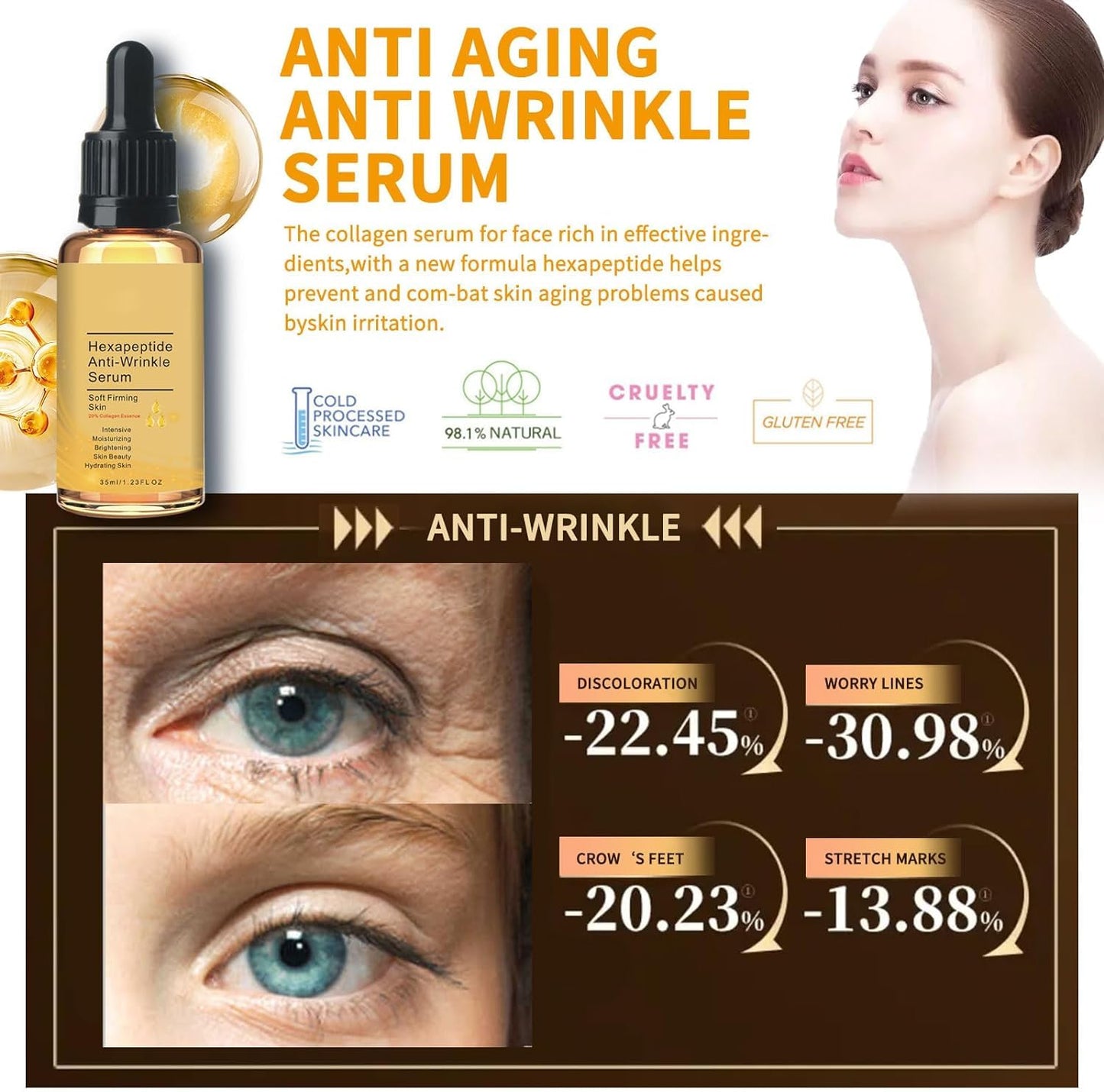 Peptide Serum, 20% Collagen Hexapeptide facial Serum, Face Serum For Women, Anti Wrinkle Serum, Dark Spot Correcting Glow Serum, Brighting Hyaluronic Acid Serum, Anti Aging Peptide Hydrating Serum