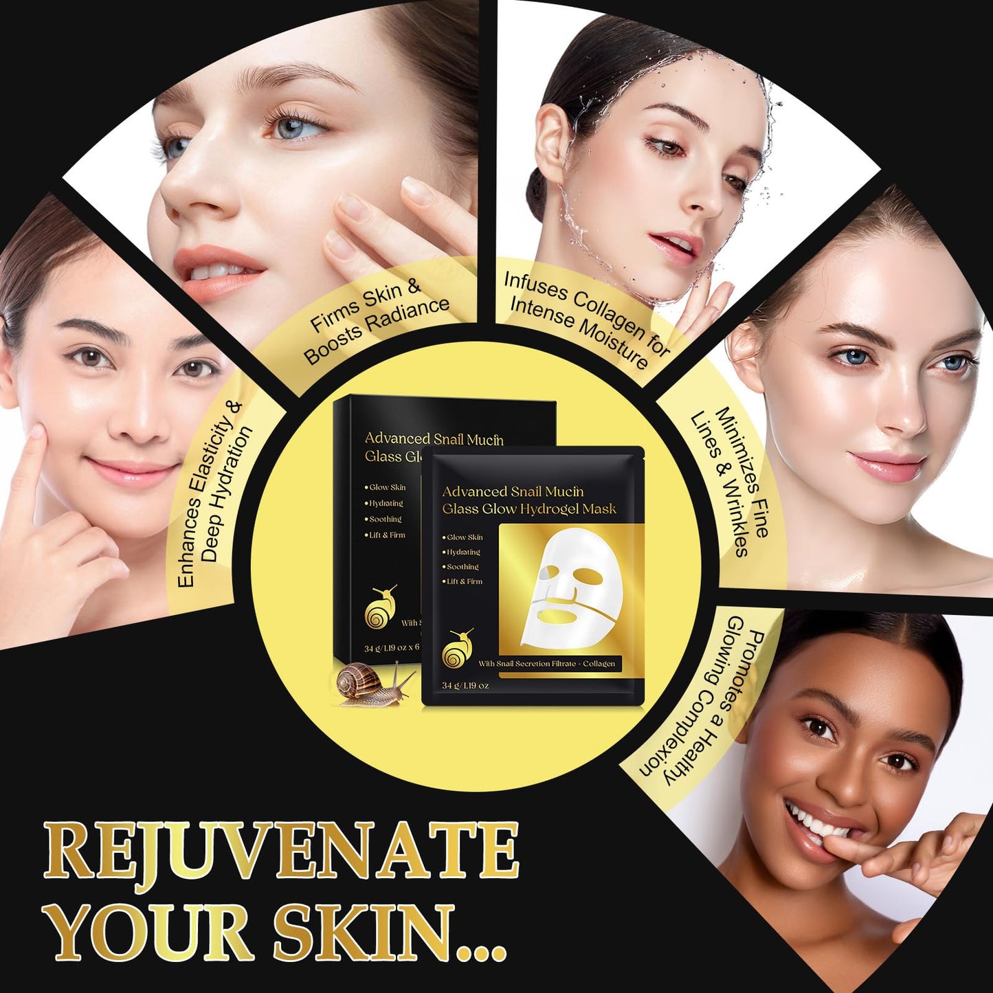 QUANHAO Advanced Snail Mucin Glass Glow Hydrogel Mask, Collagen Face Mask, Deeply Hydrate & Rejuvenate, Glass Skin Face Mask Korean Skincare for All Skin Types, Pack of 6