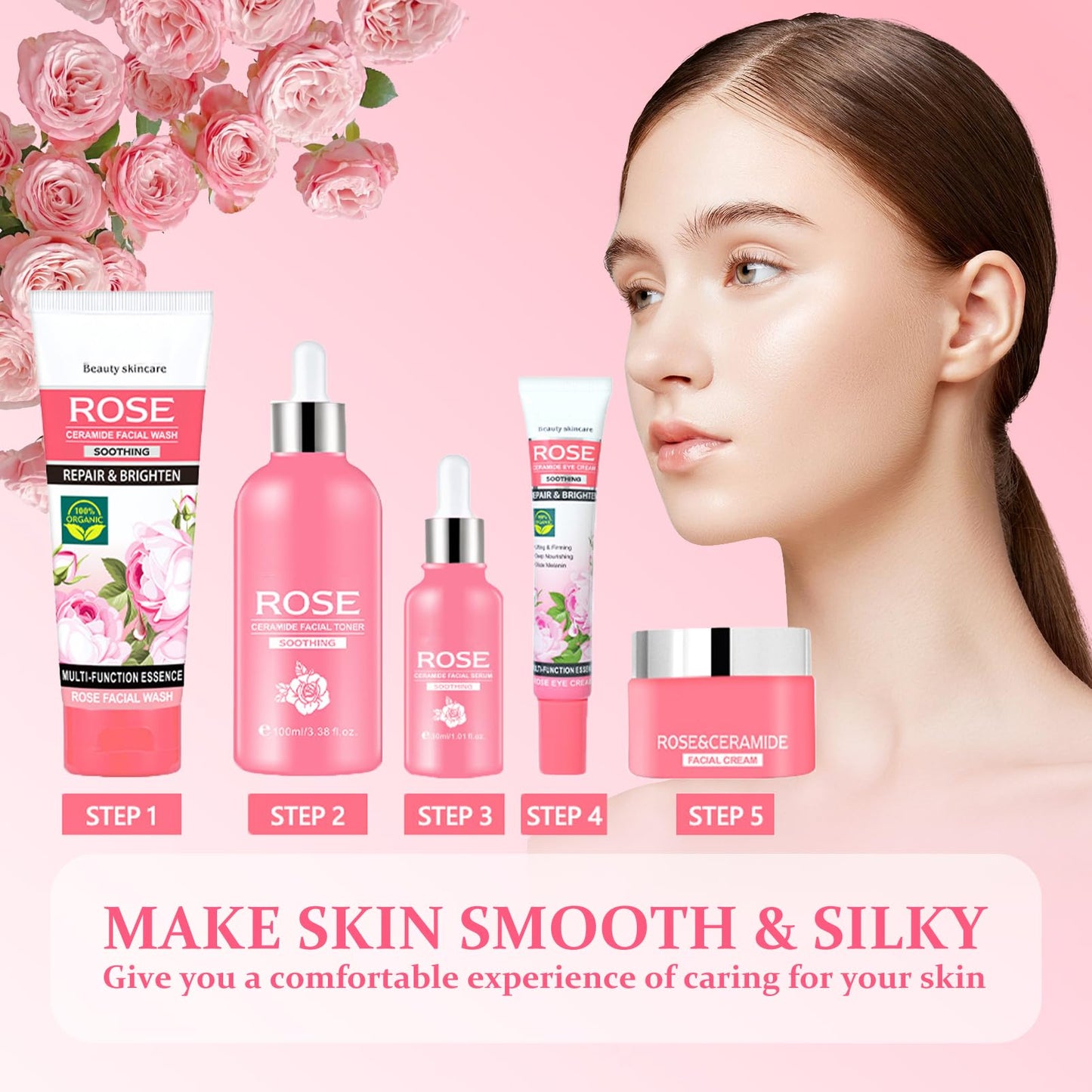 5PCS Rose Skincare Set - Skin Care Sets & Kits - Gift For Women With Cleanser,Eye Cream,Facial Toner,Facial Serum,Face Cream - Gifts For Teenage Girls - Pamper Gifts For Women for Deep Hydration