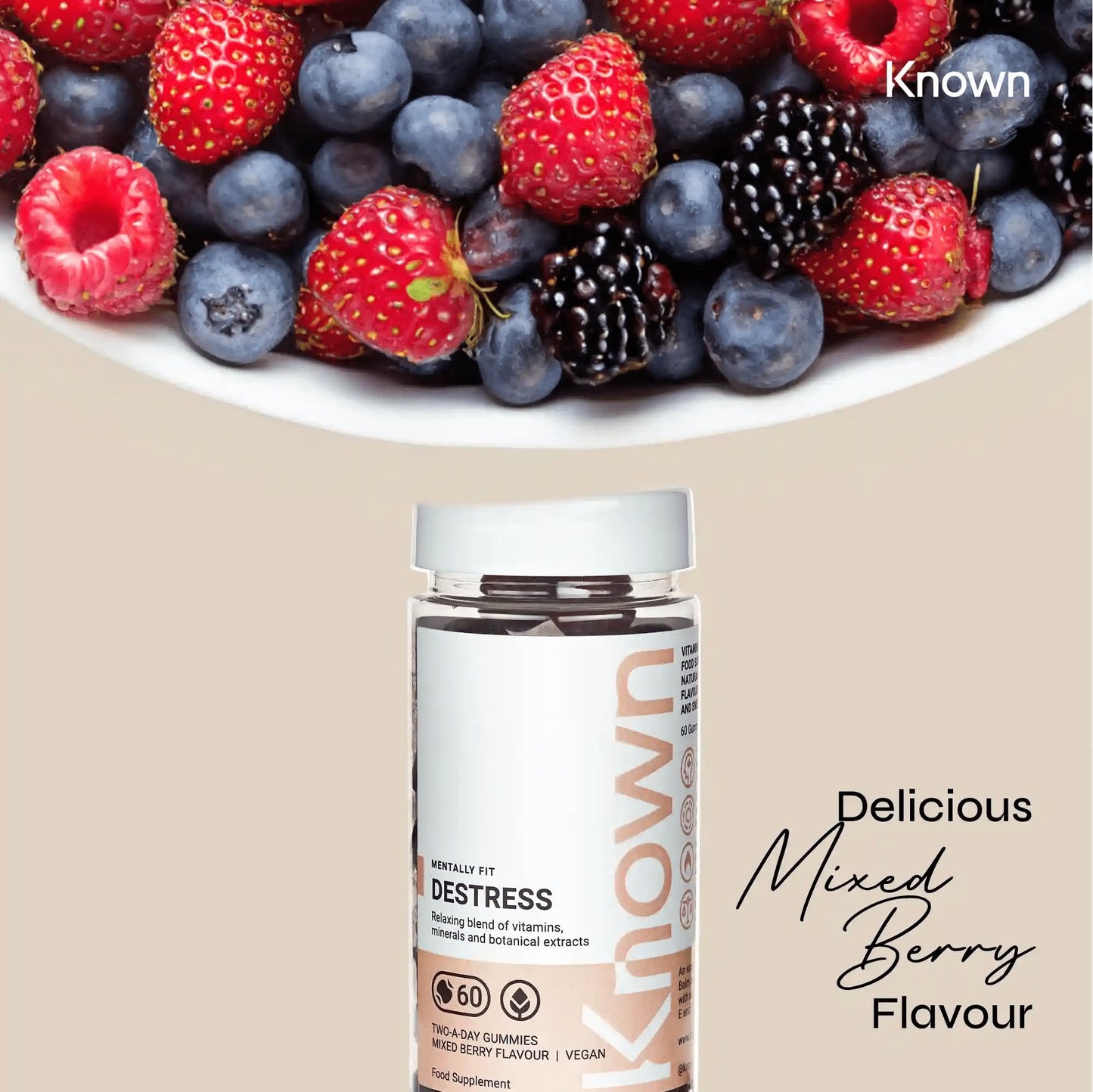 Anxiety Relief Mixed Berry Flavoured Gummies by Known | Relaxing Blend of Vitamins, Minerals & Botanicals | 60 Two-a-Day Vegan Vitamin Gummies (Three Month’s Supply) | Everyday Stress Relief