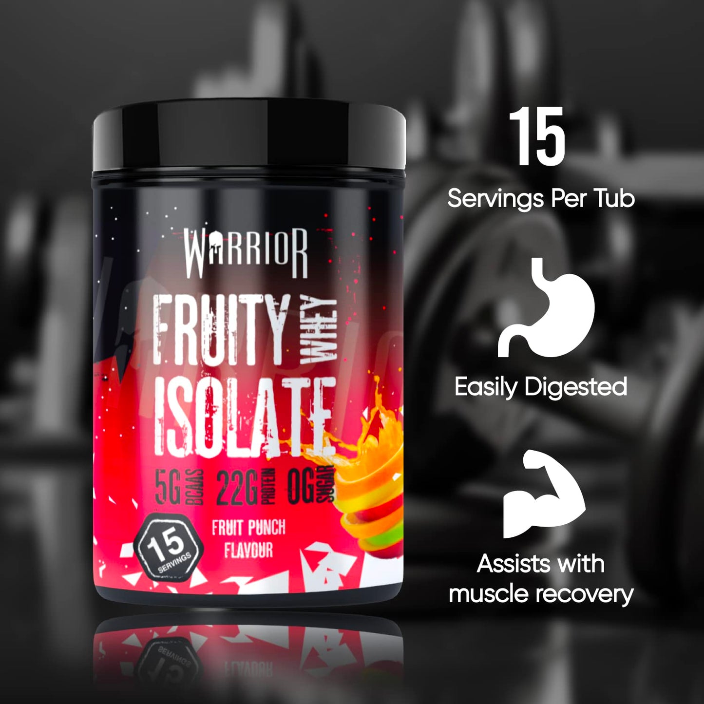 Warrior, Fruity Clear Whey Isolate – Rapid Digesting Protein Powder – Refreshingly Fruit Flavoured Shakes – Post Workout, Low Sugar, 15 Servings (Fruit Punch, 375g)