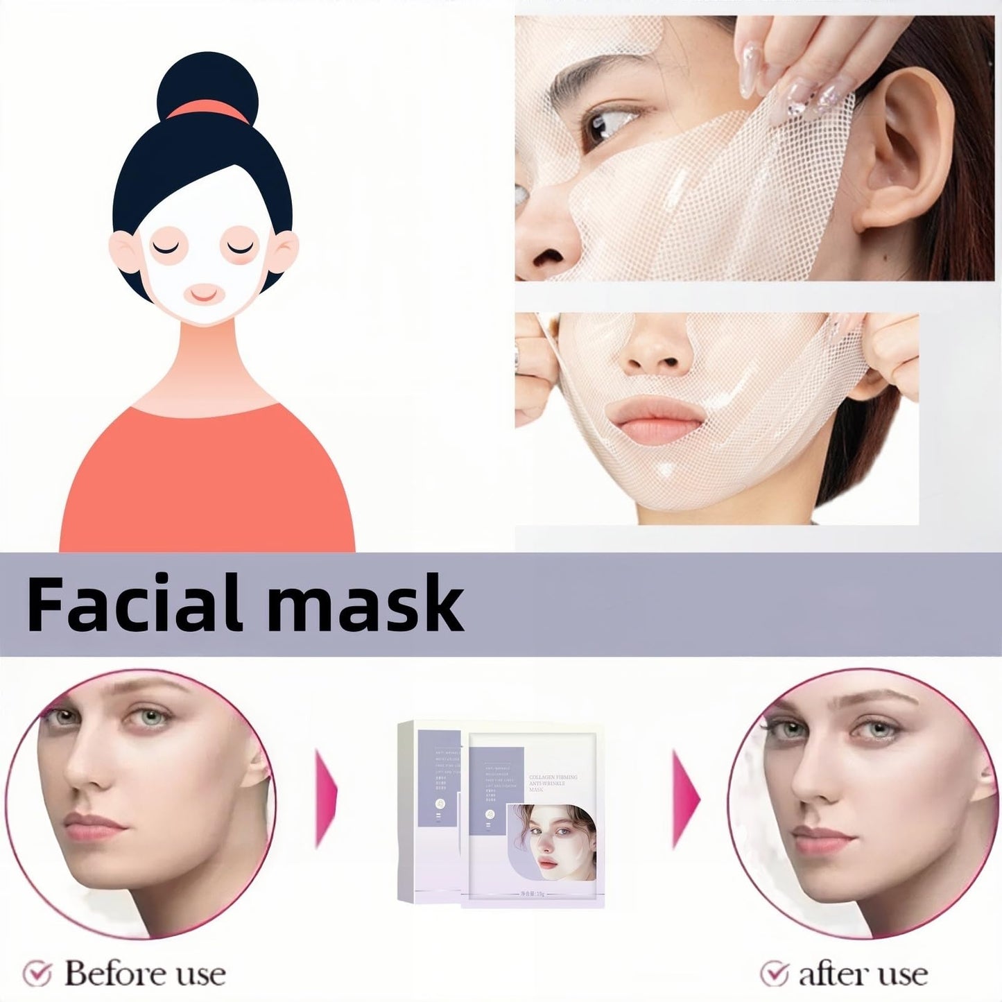 OuXing 5PCS 3D Lifting Collagen Full Face Tension Gel Mask,Collagen Real Deep Lifting Mask,Collage/n Face Mas/k,Deep Collage/n Facelift M/ask,F/ace M/asks Skincare,Korean Coll/agen Fac/e M/ask