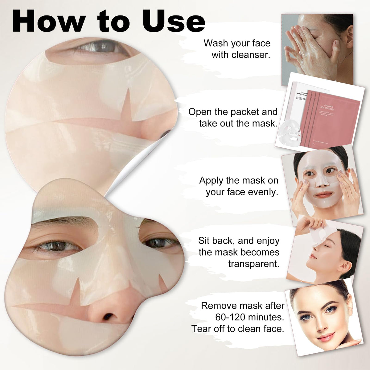 Shefave Bio Collagen Face Mask Overnight, Korean Glass Skin Collagen Real Deep Face Masks Skincare, Korean Skincare - Fights Wrinkles, Glow & Rejuvenating Skin, 4 Pack