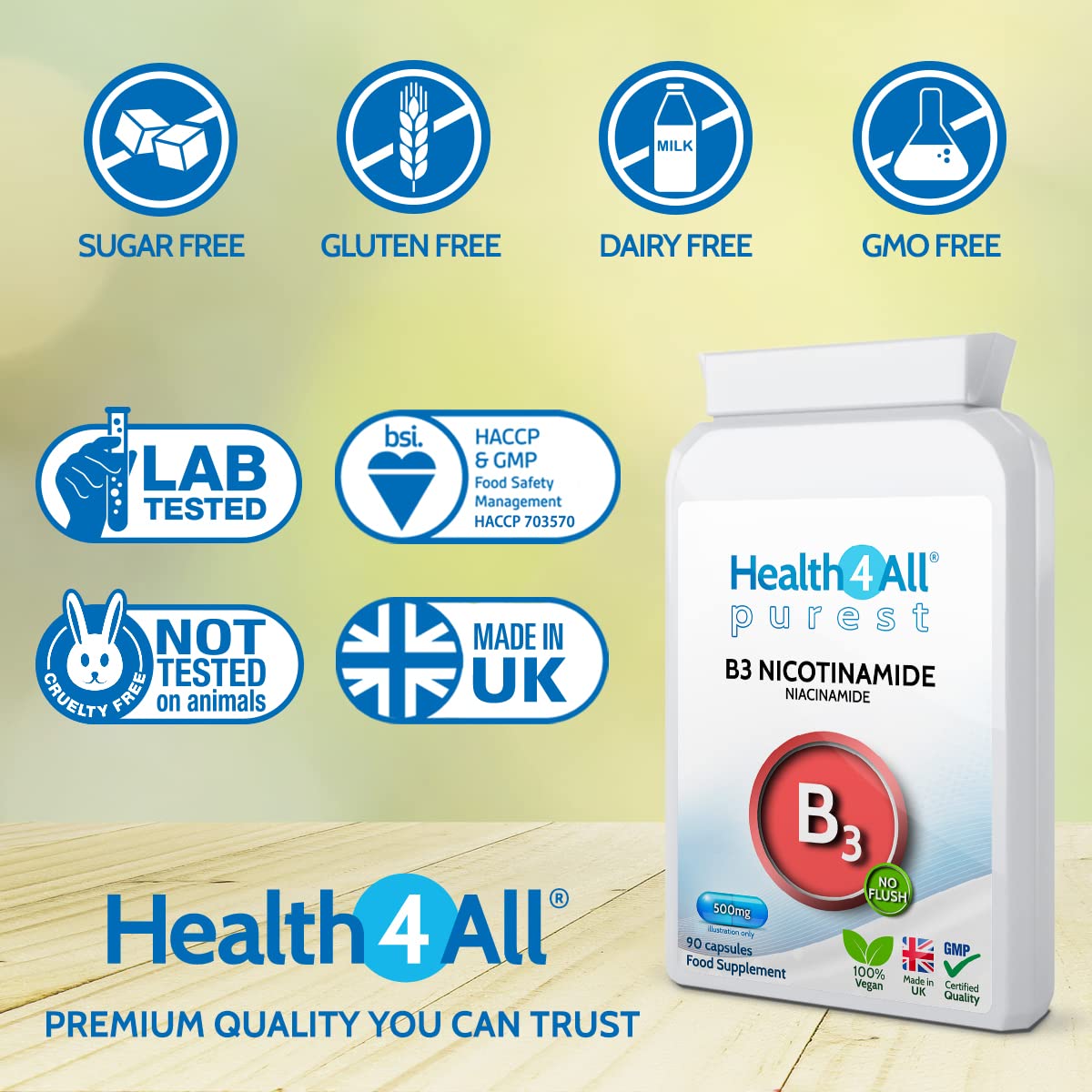 Health4All Vitamin B3 Niacin as Nicotinamide (Niacinamide) 500mg 90 Capsules (V) Purest, No Additives, Vegan, Gluten Free No-Flush Niacin Capsules