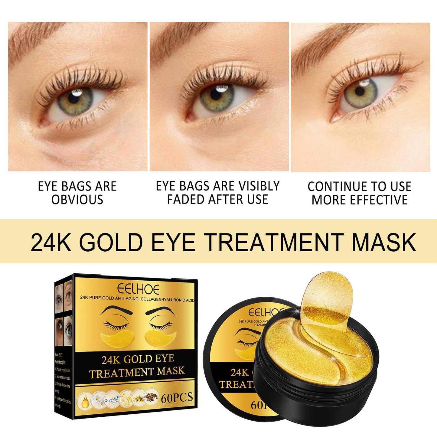 QUIWEN 24k Gold Eye Masks For Puffy Eyes & Dark Circles - Under Eye Mask Remove Eye Wrinkles, Collagen Eye Patches, Enhance Eye Areaimprove Gloomy, Brighthe, Hydrating(60pcs)
