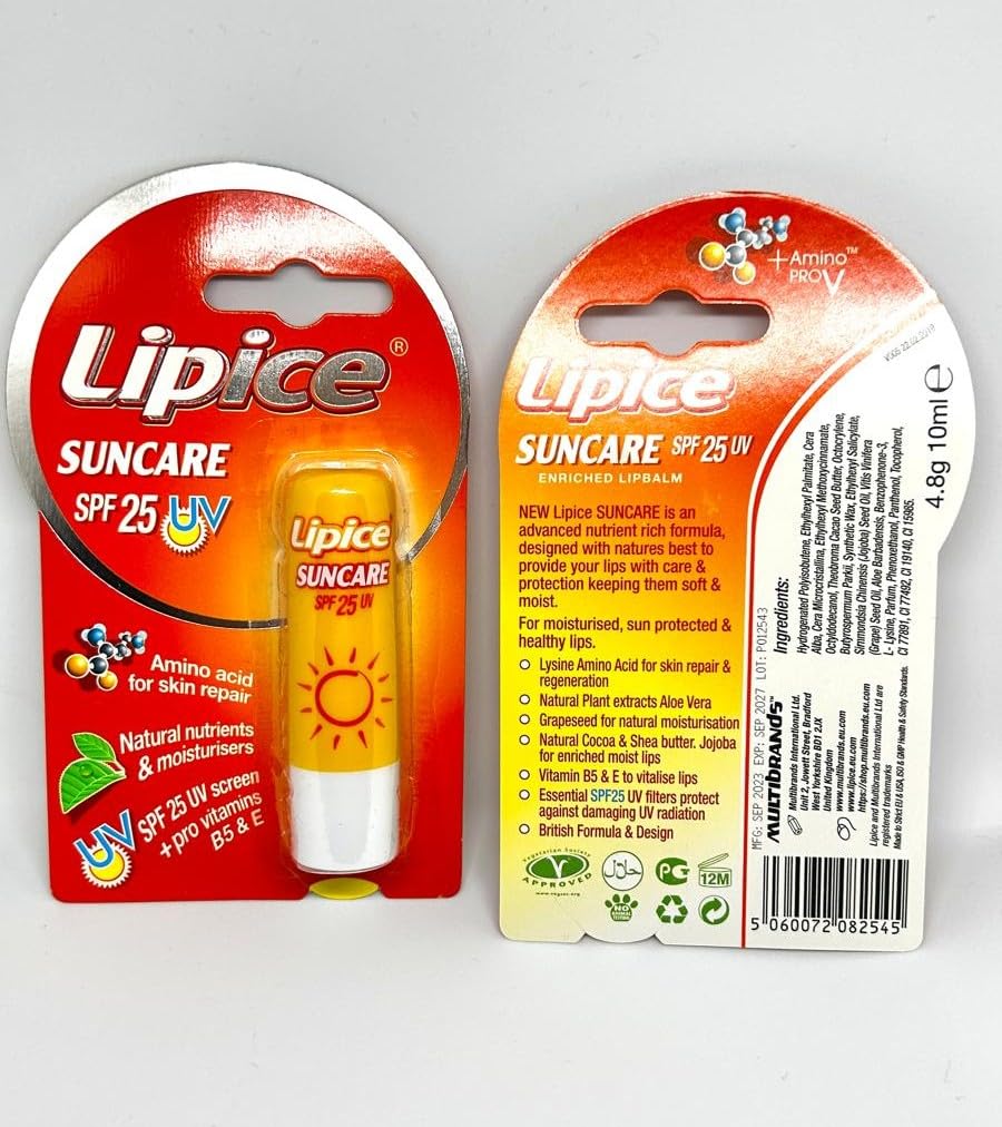 Lipice Suncare SPF 25 UV Lip Balm with Amino Acid, Natural Nutrients, Vitamins B5 & E