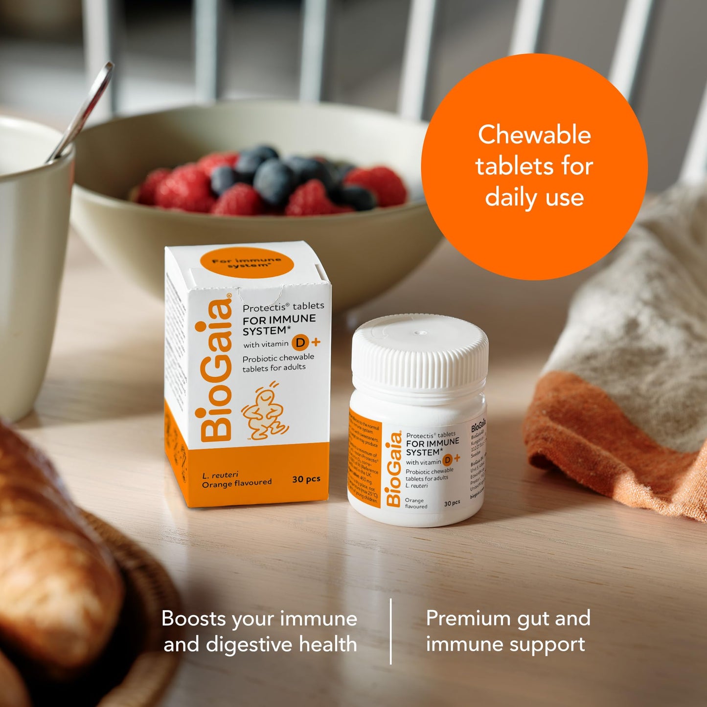 BIOGAIA Protectis Probiotic Tablets with Vitamin D3, Orange Flavoured, 30 Tablets