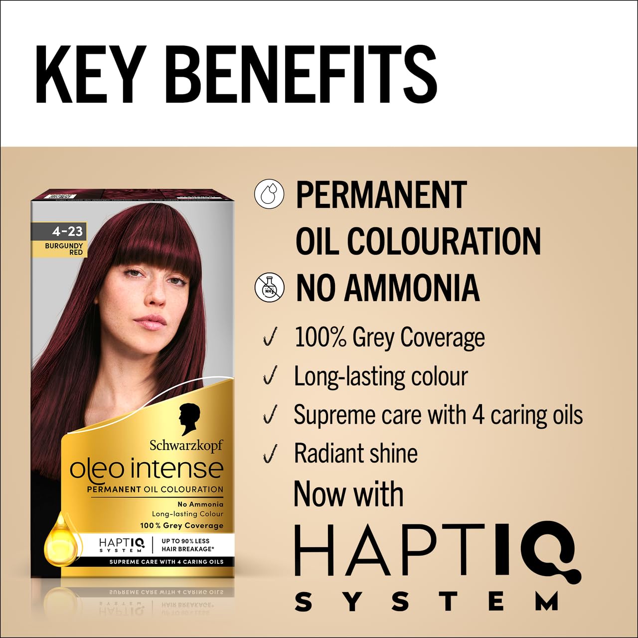 Schwarzkopf Oleo Intense Permanent Oil Colour 4-23 Burgundy Red Hair Dye, 100% Grey Coverage, Conditioner with HaptIQ System, Long-Lasting Colour, Ammonia Free Hair Dye