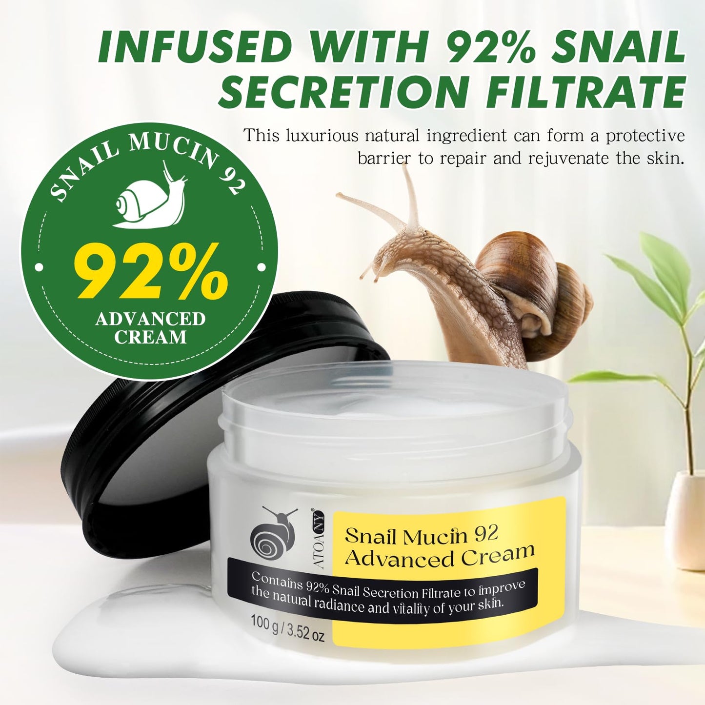 Generic Snail Mucin 92% Face Moisturizer, natural treatment, Lightweight Moisturing Cream for Wrinkle Treatment, Fine Line, Hydrating, Anti Aging Face Cream with Vitamin C, E & Natural Collagen, 100g/3.52 oz