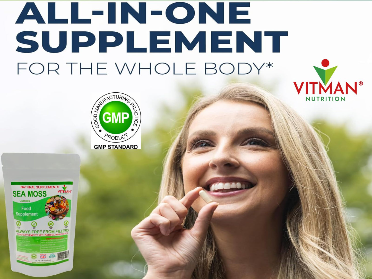 VitMan Nutrition Sea Moss Capsules, 60x Natural Irish Sea Moss Food Supplement, Gluten Free, Sugar Free, GMO Free, Vegan