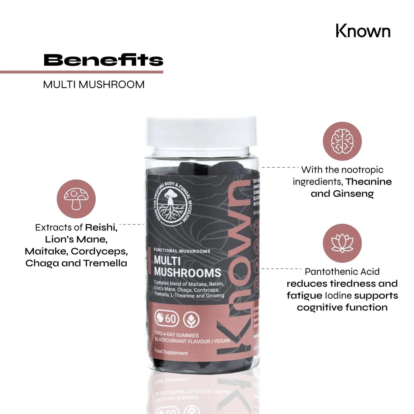 Known Multi Mushroom Complex Gummies - 2000mg Lions Mane, Reishi, Maitake, Chaga, Cordyceps, Tremella, Blackcurrant-Flavoured Gummies with L-Theanine, Ginseng, Pantothenic Acid, Iodine - Vegan (3)