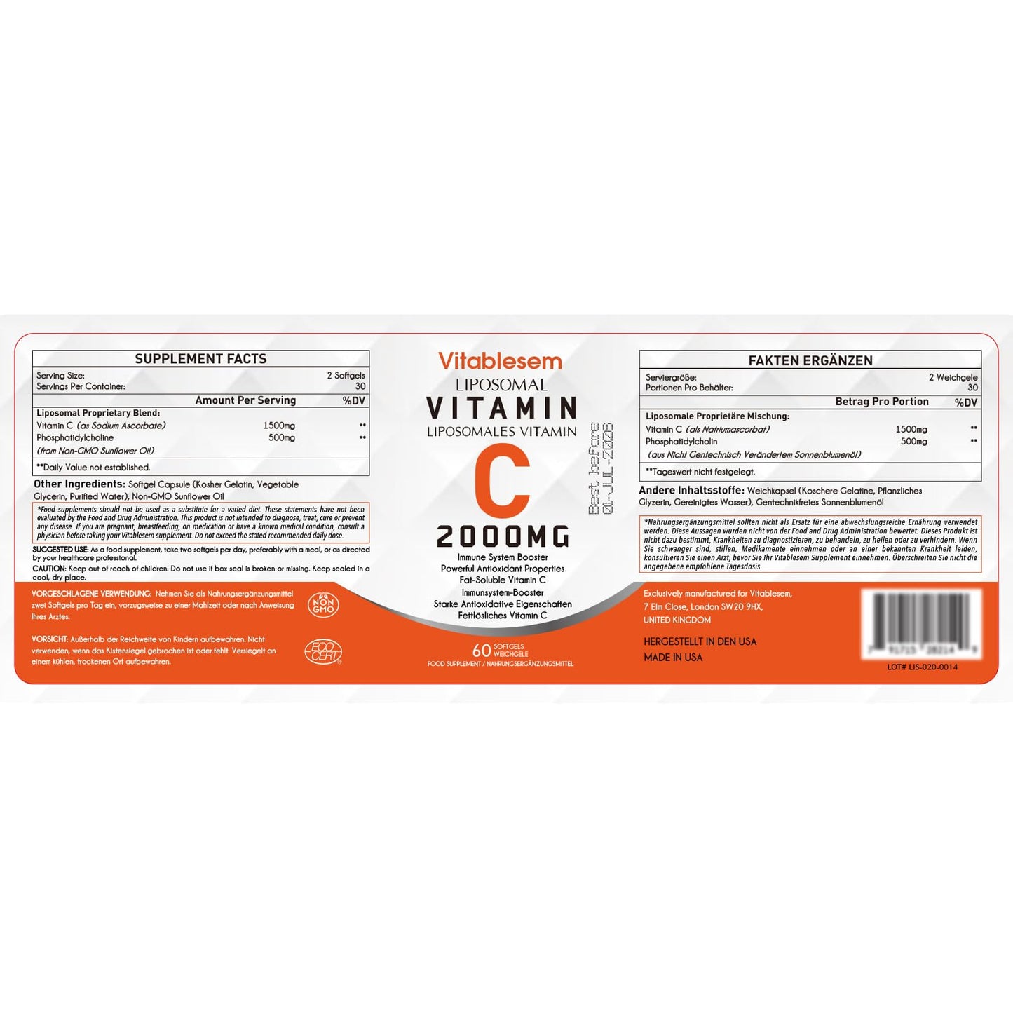 Vitablesem Liposomal Vitamin C Capsules 2000mg (2 Pack) - High Strength Gluten Free & Ascorbic Acid - Immune Support Antioxidant Supplement - Non-GMO