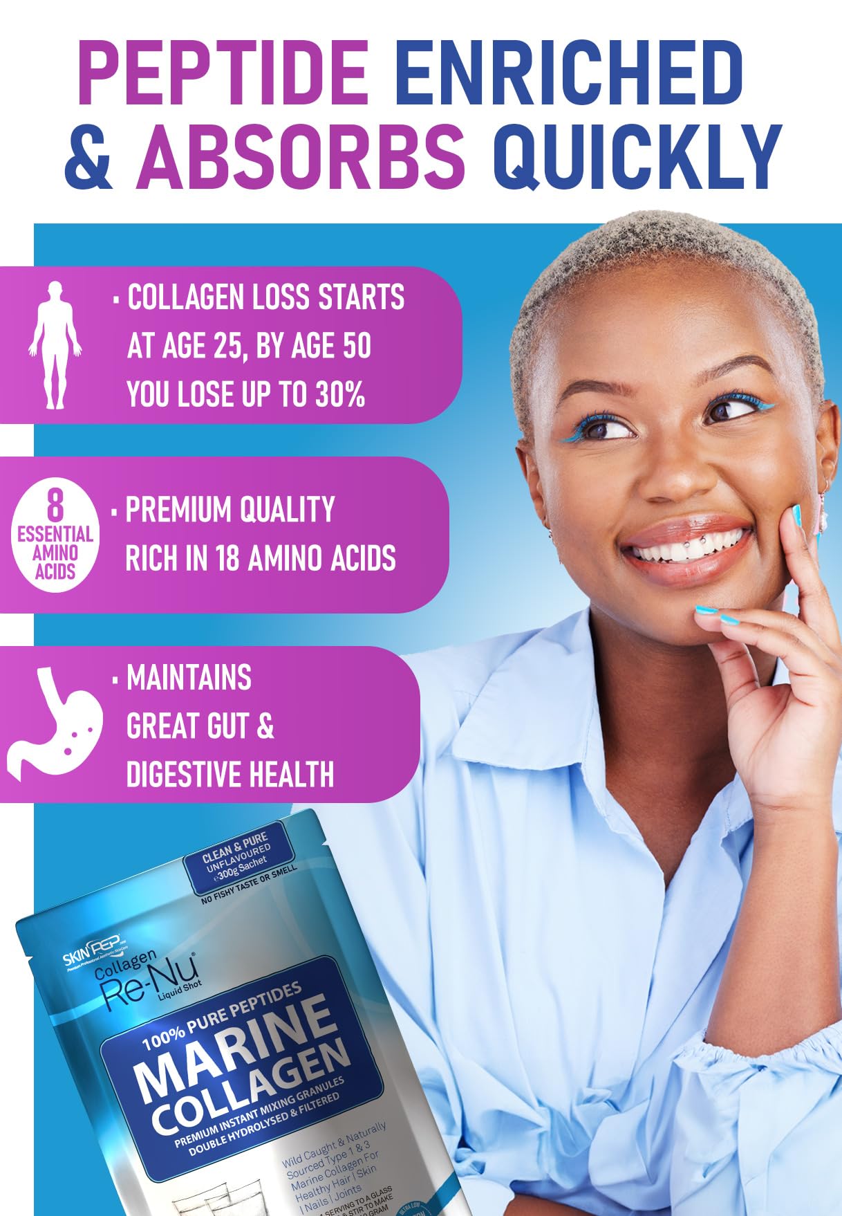 Skin Pep Marine Collagen Powder Clean Unflavoured - 10,000mg Double Hydrolysed Collagen Peptides per Serving - Ultra Premium for Maximum Absorption Hair, Skin & Nails - 300g, 30 Servings by SkinPep