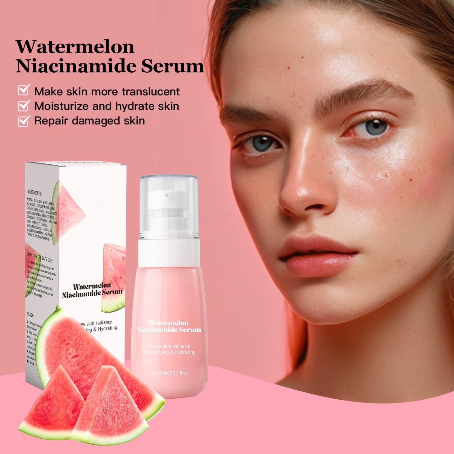 Watermelon Niacinamide Serum for Hydration, Hydrating Serum with Watermelon Extract for Radiant Glow, Niacinamide Serum for Glowing Skin, Moisturising Face Serum with Watermelon to Repair and Brighten