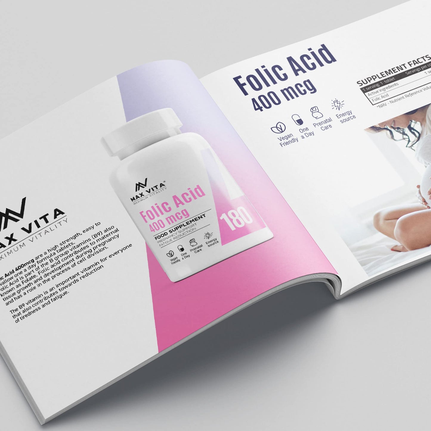 Folic Acid 400 mcg Vitamin B9 Pregnancy Care Maternal Tissue Growth During Immune System Support Energy Production Women Health 180 Vegan Tablets