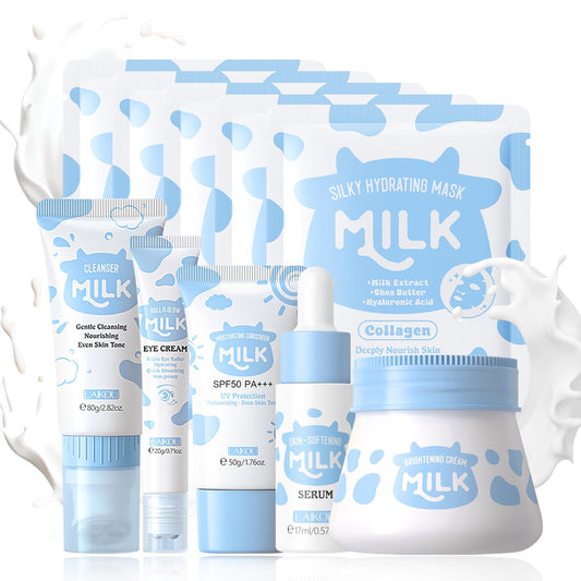 ISBEAUSOLS Milk Skincare Set -10PCS Milk Skincare Set for Teenagers Girls - Milk Beauty Gift Sets with Cleanser, Eye Cream, Sunscreen, Face Serum, Face Cream, Face Mask - Facial Kits for Women