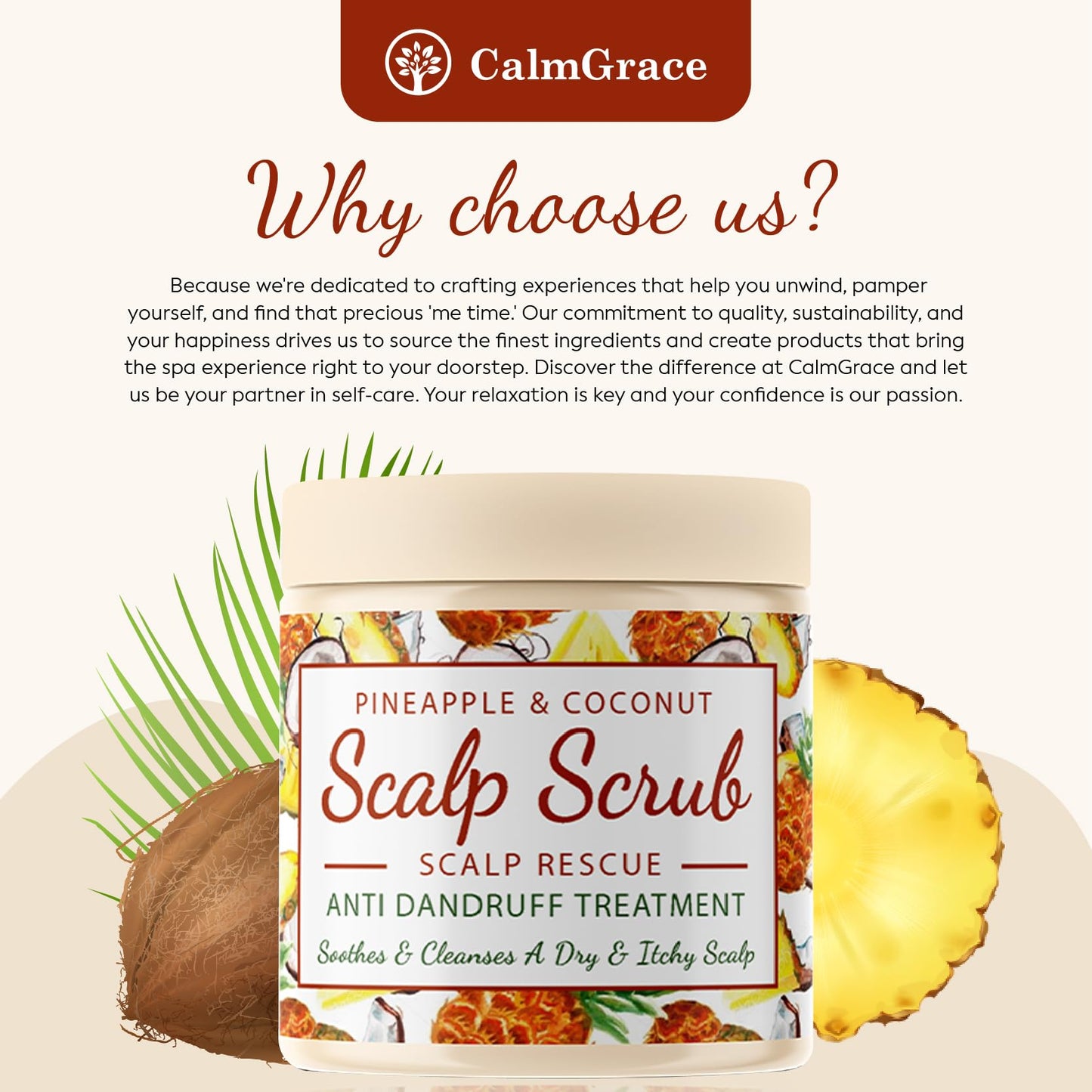 CalmGrace Exfoliating Scalp Scrub | Coconut & Pineapple Hair Scrub Scent | Natural Hair Care | Hair Scalp Exfoliator for Dandruff Prone Oily Hair & Dry, Itchy Scalp – 200g