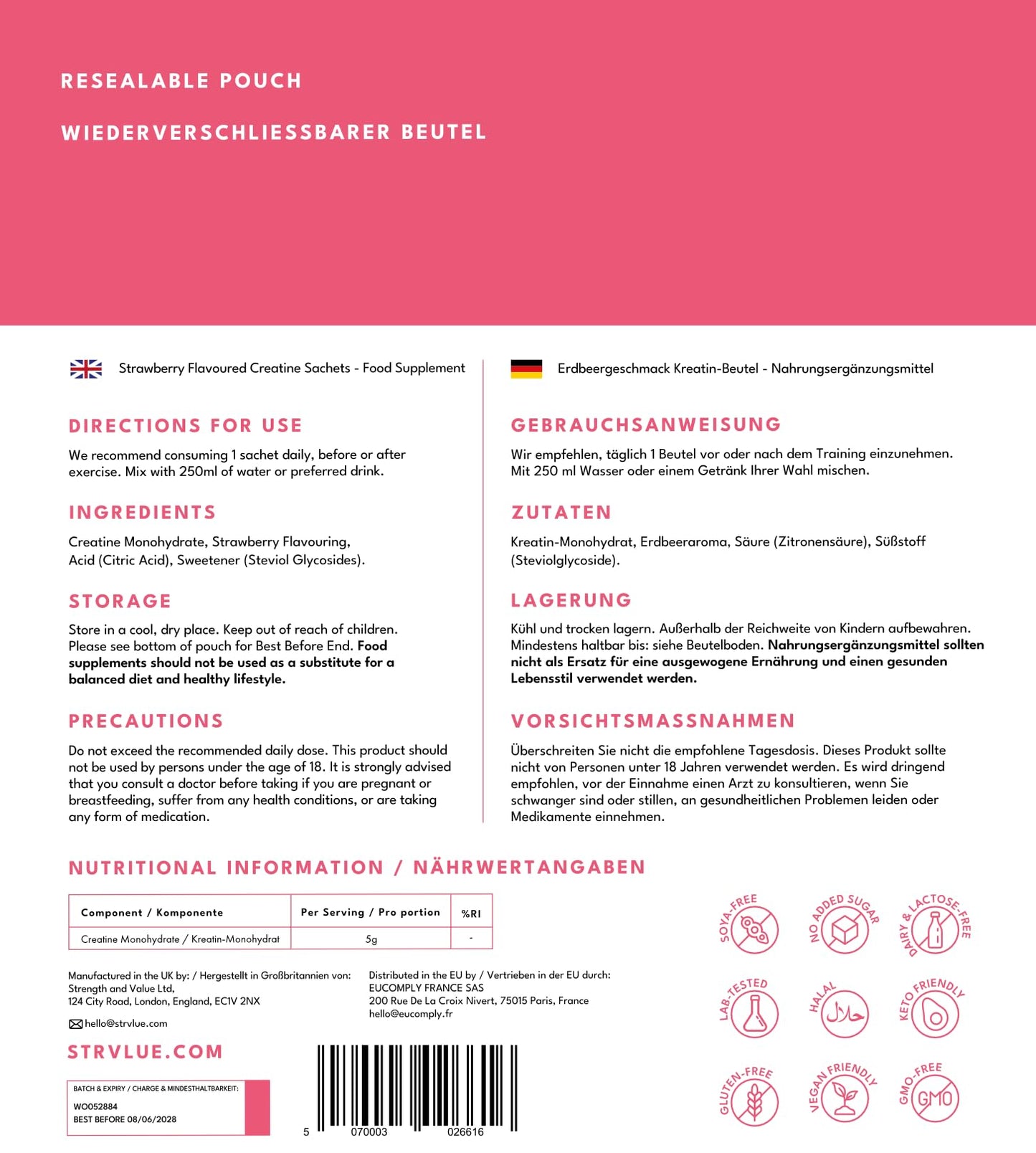 STRVLUE Lab Tested Creatine Monohydrate Powder | Strawberry Flavour | 30 Travel Sachets | Ultra‑Fine Micronised | Zero Sugar | Supports Muscle Growth, Strength, Recovery & Performance, Cognition,for Men&Women