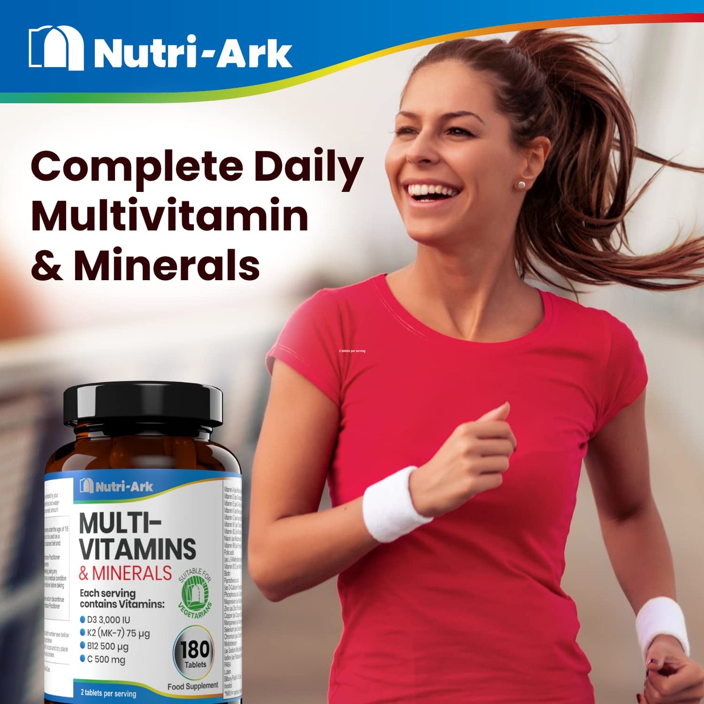 Nutri-Ark Multivitamin | 26 Key Multivitamins & Minerals for Women & Men Including Vitamin B12, K (K2), D (D3), C & Folic Acid | 3 Months Supply | Suitable for Vegetarians
