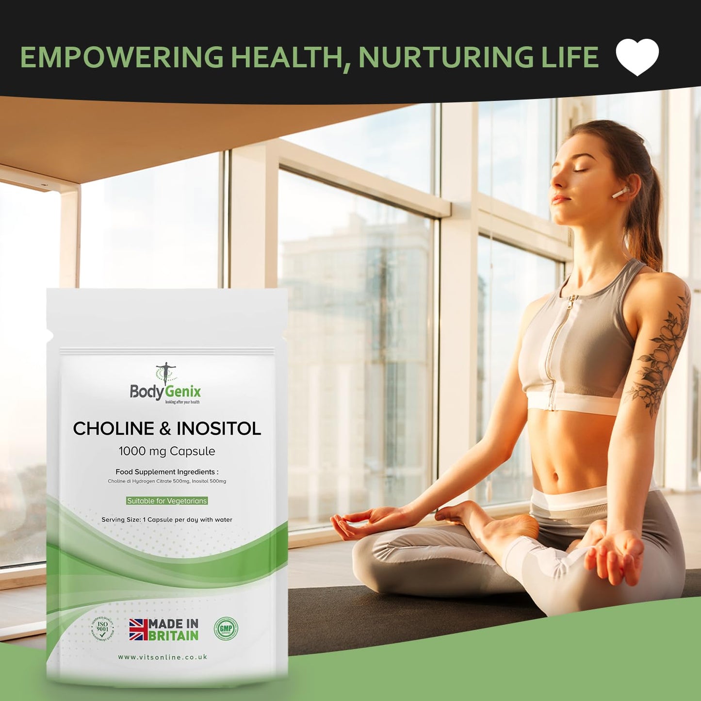 Bodygenix Choline & Inositol Capsules - 1000mg Healthy Skin Brain Health & Metabolic Support Food Supplement - Natural Vegan Friendly 30 Capsules, 1 Month Supply
