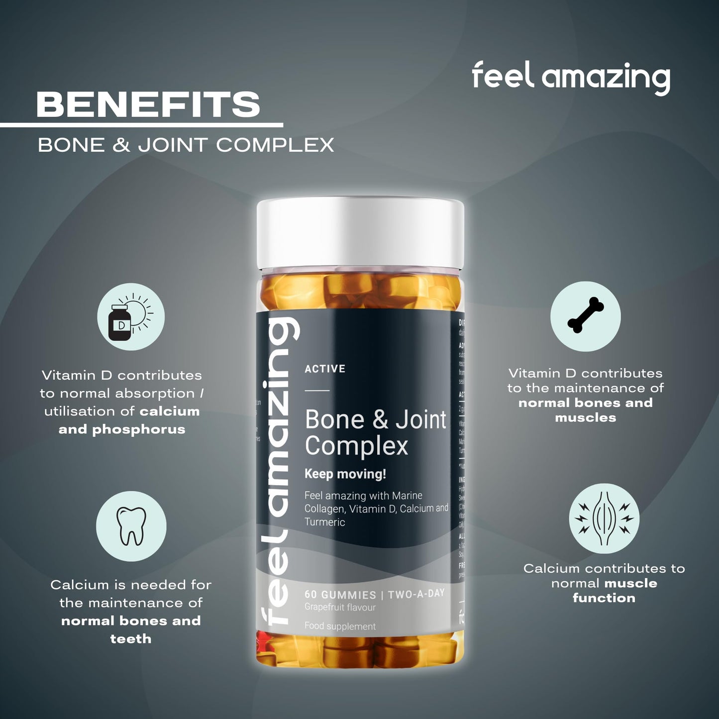 Feel Amazing Bone & Joint Complex Gummies - with Calcium, Vitamin D3 & Marine Collagen - 60 Grapefruit-Flavored Gummies - 30-Day Supply (1)