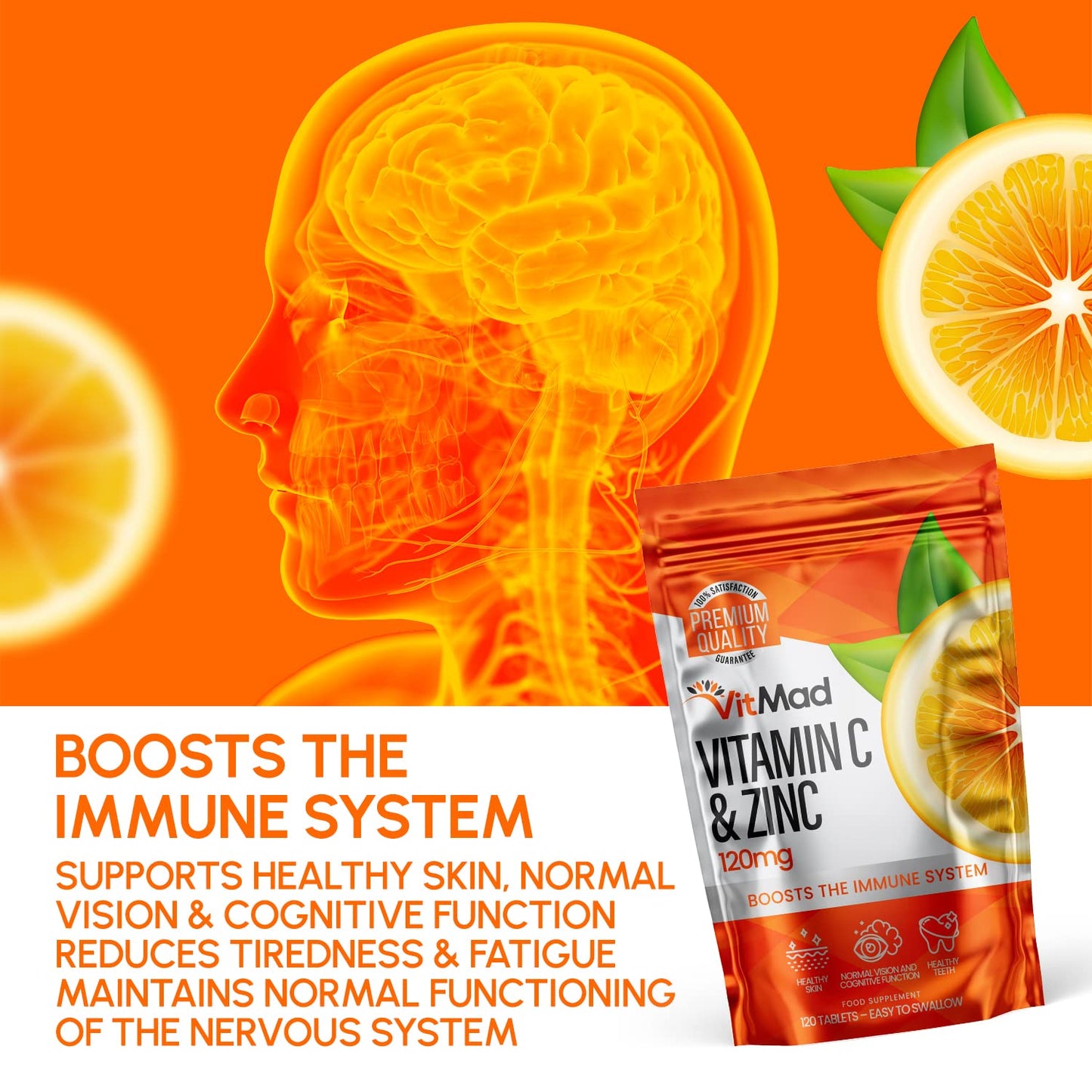 Vitmad Vitamin C (100mg) and Zinc (20mg) - 120 Tablets - Immune System Support - High Strength
