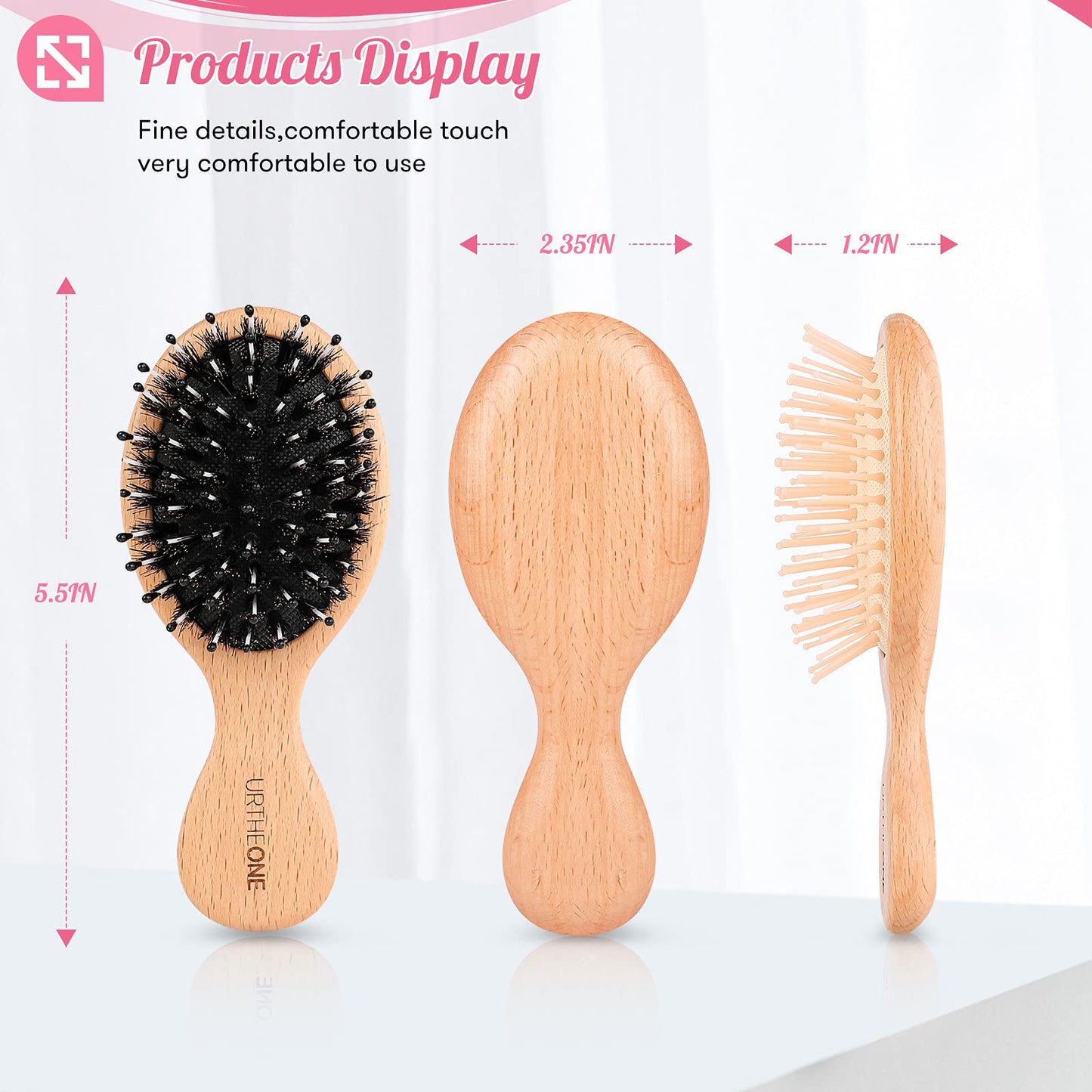 URTHEONE 2Pcs Travel/Mini Hair Brush Boar Bristle Hairbrush for Girls Boys Kids Women Men,Detangling Brush for Thick Curly Thin Long Short Dry Hair