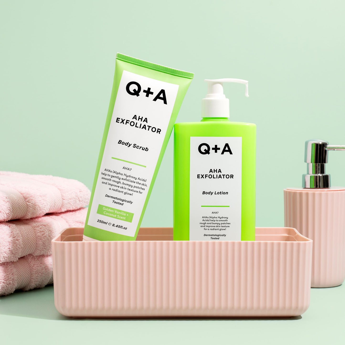 Q+A AHA Exfoliator Body Lotion 250ml, Smoothing Body Moisturiser