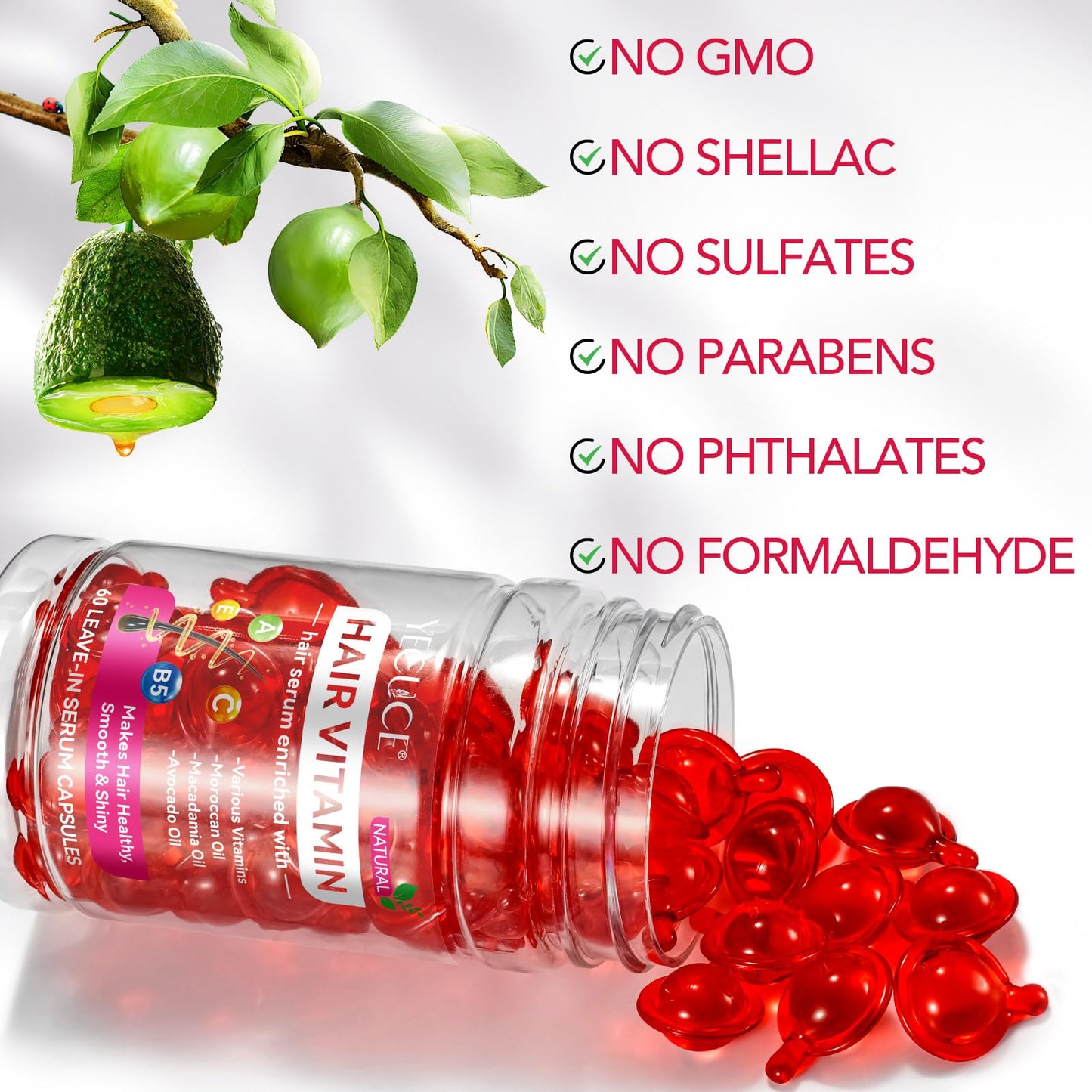 ZyranovaE Hair Vitamin Serum Oil Capsule,Hair Treatment Serum with Vitamins A C E Pro B5 and Argan Macadamia Avocado Oils,No Rinse,and Safe for All Hair,For Men & Women(60PC)