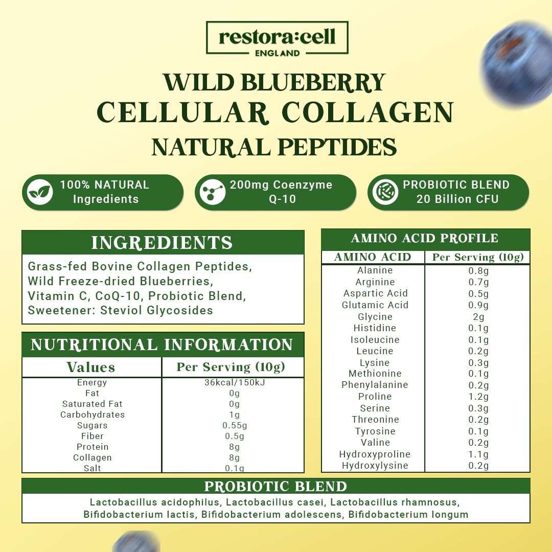 restora:cell Blueberry Cellular Collagen Powder Supplement 100% Natural Grass-fed Bovine Collagen Peptides with Vitamin C - 200 mg CoQ-10-20 Billion CFU Probiotic Blend - Paleo & Keto - 250g