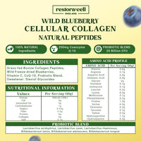 restora:cell Blueberry Cellular Collagen Powder Supplement 100% Natural Grass-fed Bovine Collagen Peptides with Vitamin C - 200 mg CoQ-10-20 Billion CFU Probiotic Blend - Paleo & Keto - 250g