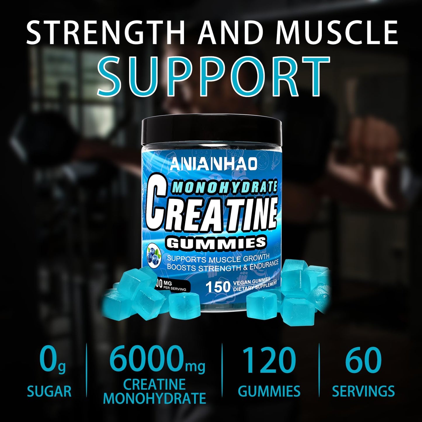 ANIANHAO Creatine Gummies 5000mg 150 Gummies Creatine Monohydrate Gummies - Berry Flavoured Creatine - Pre Workout Gym Supplement for Men & Women - Vegan Chews Chewable Max recommneded Strength (2Bottle)