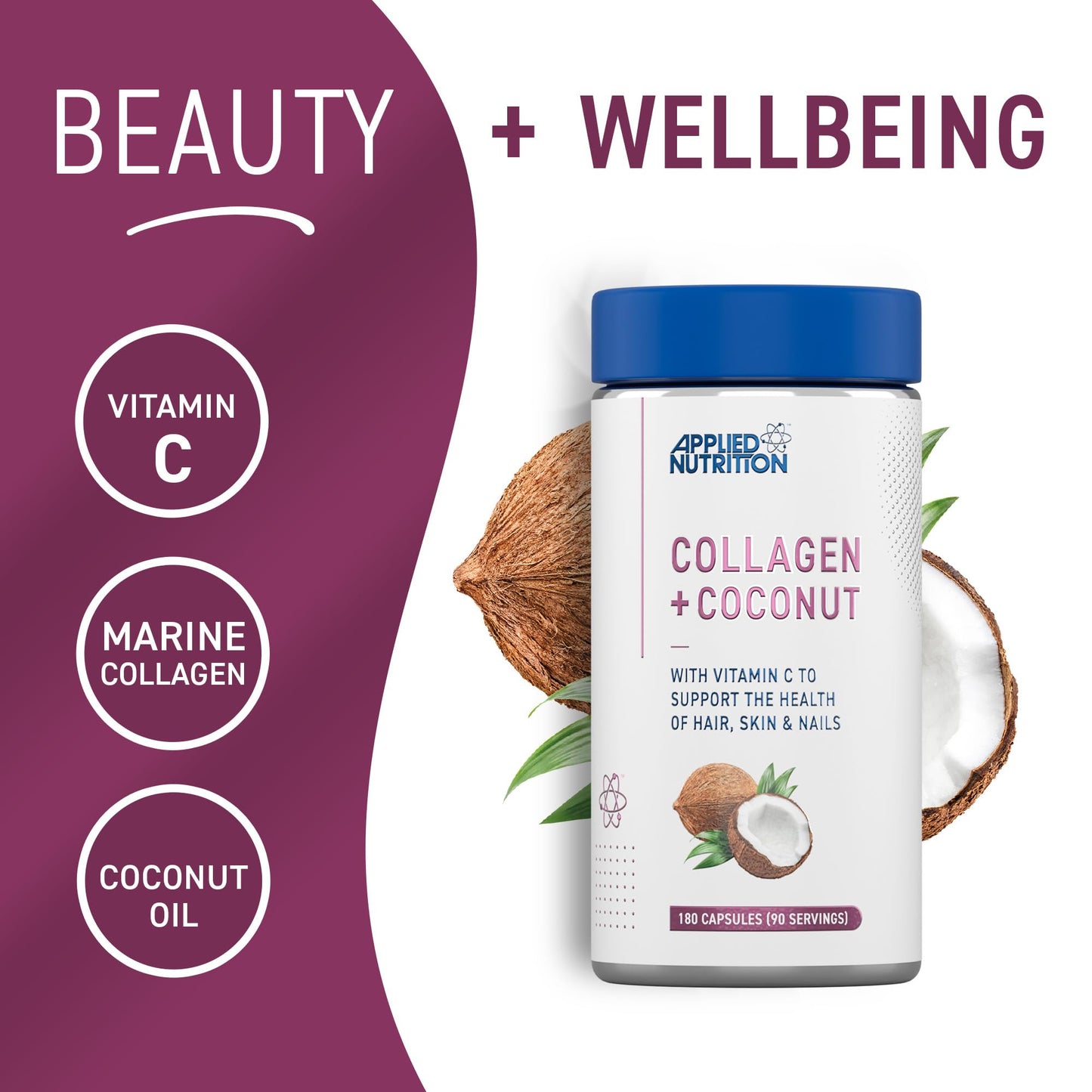 Applied Nutrition Collagen + Coconut Capsules – Marine Collagen with Vitamin C & Coconut Oil – Hair,Skin & Nails Support – Joint & Connective Tissue Health –Halal Certified –180 Capsules (90 Servings)