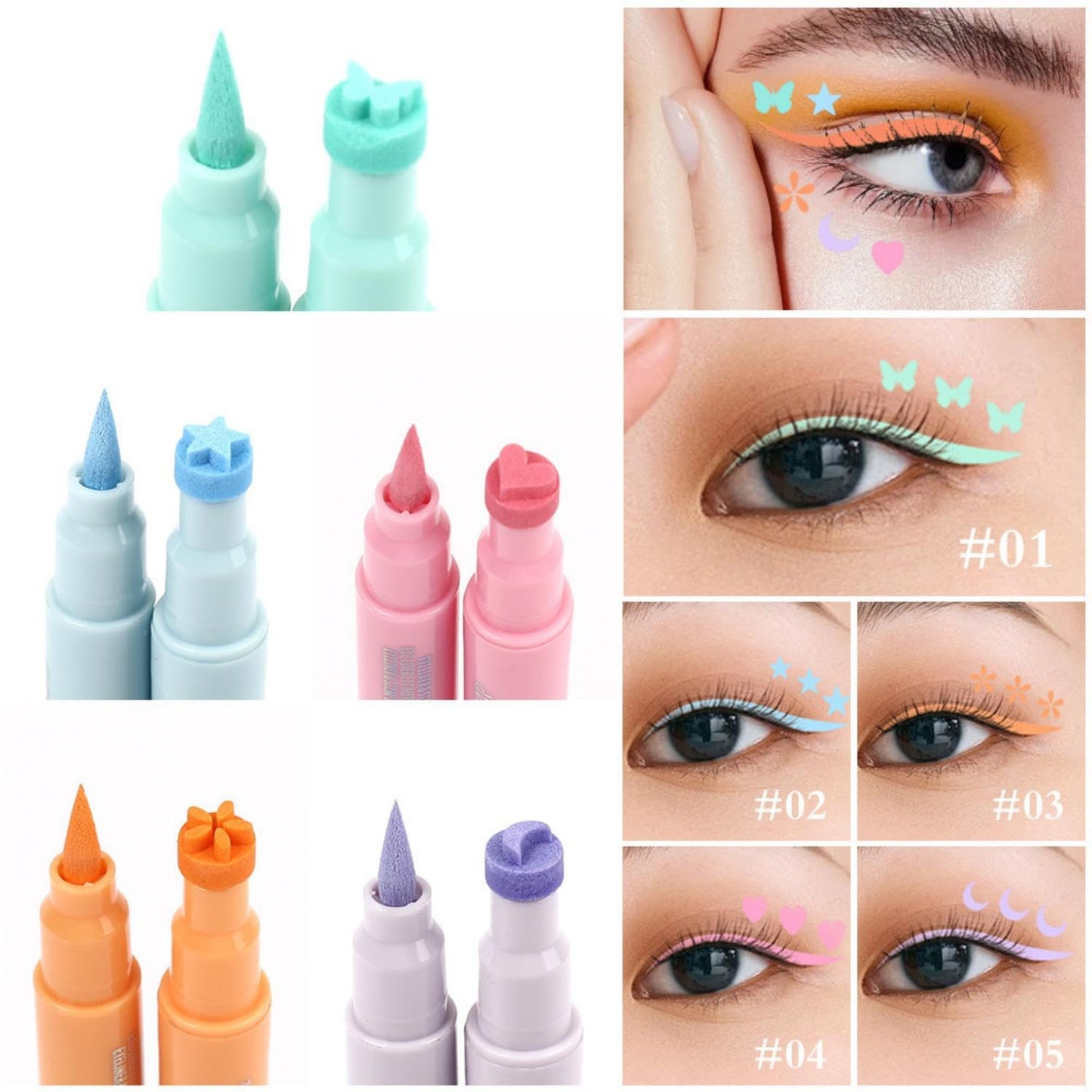 Generic 5PCS Eyeliner Stamp Set, Double-Ended Liquid Eyeliner Pencils with Heart, Moon, Butterfly, Star & Flower Stamps, Waterproof & Smudge-Proof Eyeliner Tools for Fun, Easy Makeup Designs