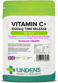 Lindens Vitamin C+ 1000mg Time Release Tablets - 120 Pack - with Citrus Bioflavonoids and Rosehip - Contributes to Immune System Health, Reduces Tiredness and Supports Healthy Skin and Teeth