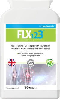 FLX123 FLX 123 - Vitamin C, Turmeric, Glucosamine, Ginseng, Rosehip, Ginger Root, Montmorency Cherry. Super Strength Formulation Helps to Maintain Joint Health, Mobility and Hydration. Turmeric Tablets.