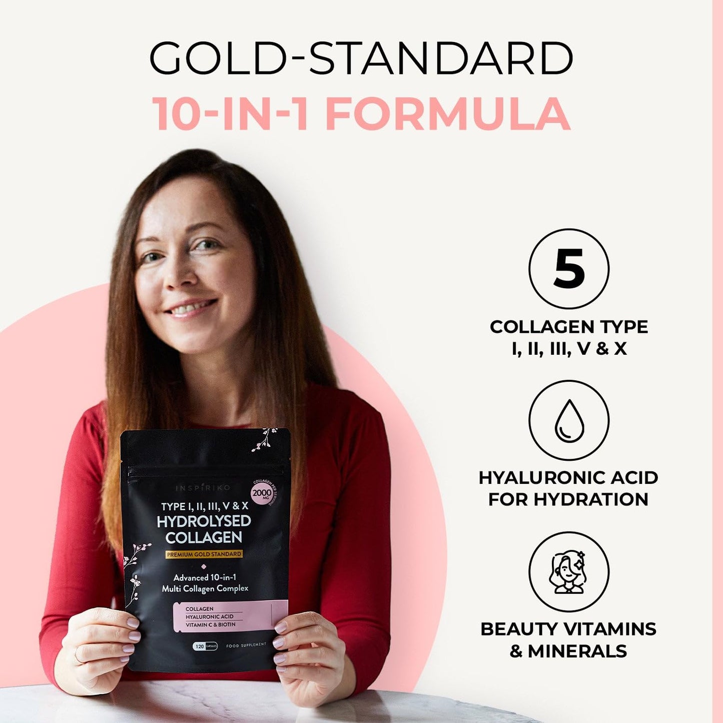Inspiriko Multi Collagen Supplements for Women - Type I, II, III, V & X Hydrolyzed Collagen Peptides - 2000mg (per 4 capsules) Marine Collagen with Hyaluronic Acid, Bovine, Egg, Cartilage Collagen & 5 Vitamins