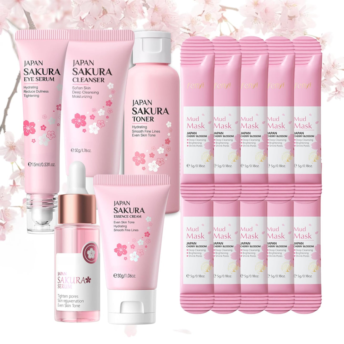 IZBEAUVO 15Pcs Sakura Skin Care Set for Teenage Girls, Cherry Blossom Pamper Set, Moisturizing Skincare Set for Dry Skin, Sakura Face Care Gift Kit with Cleanser, Toner, Serum, Eye Cream, Face Cream, Mud Mask
