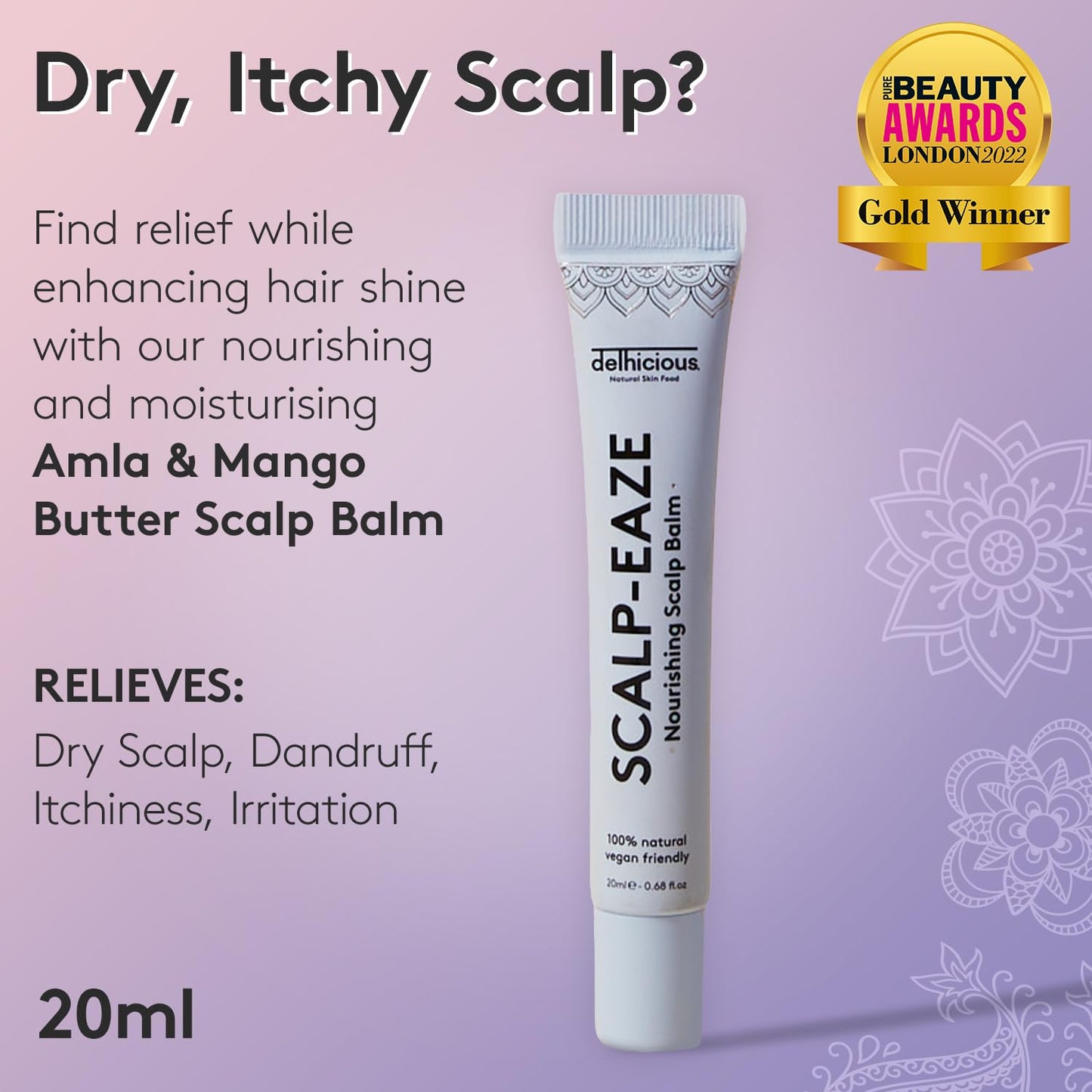 Delhicious Dry Itchy Scalp Treatment Moisturiser Balm - Amla Hair Oil, Shea Butter & Mango Butter - Scalp-Eaze - Psoriasis Scalp Treatment, Dry Scalp Serum - SLS Free, Natural, Vegan, Ayurveda - 20ml