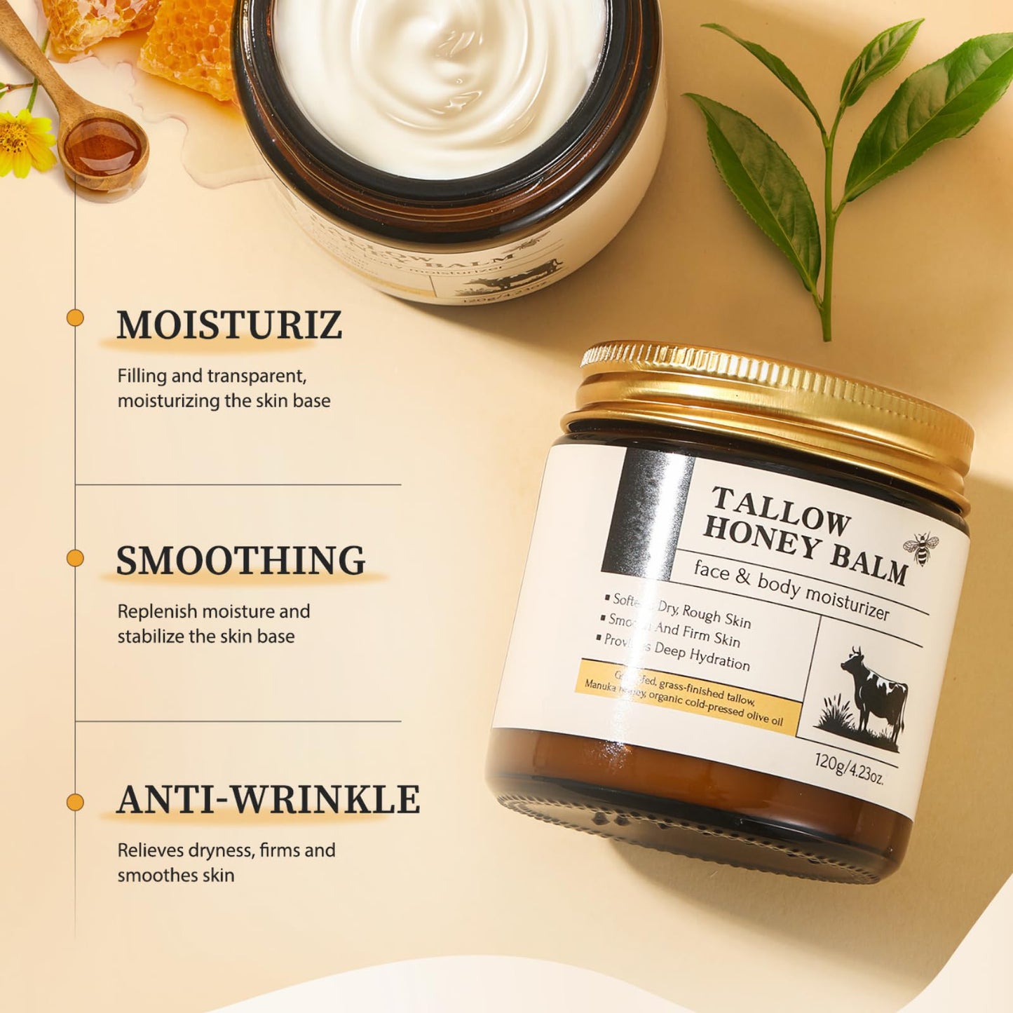 CTUBLIAUNX Beef Tallow Skin Care Balm - Body & Face Moisturizer with Manuka Honey and Grass-Fed Beef Tallow, Deep Hydration, Wrinkle Repair for Dry Sensitive Skin